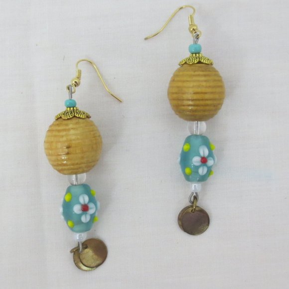 New Tan Wood Blue Floral Lampwork Glass Earrings - Picture 2 of 6